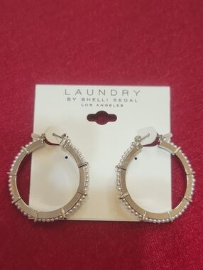 Laundry By Shelli Segal Silver Hoop Earrings with Pearl Accents